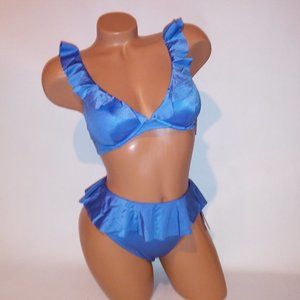 Victoria Secret Swim Bikini Top & Bottom Solid Blue Shimmer Ruffle High‎ Waist